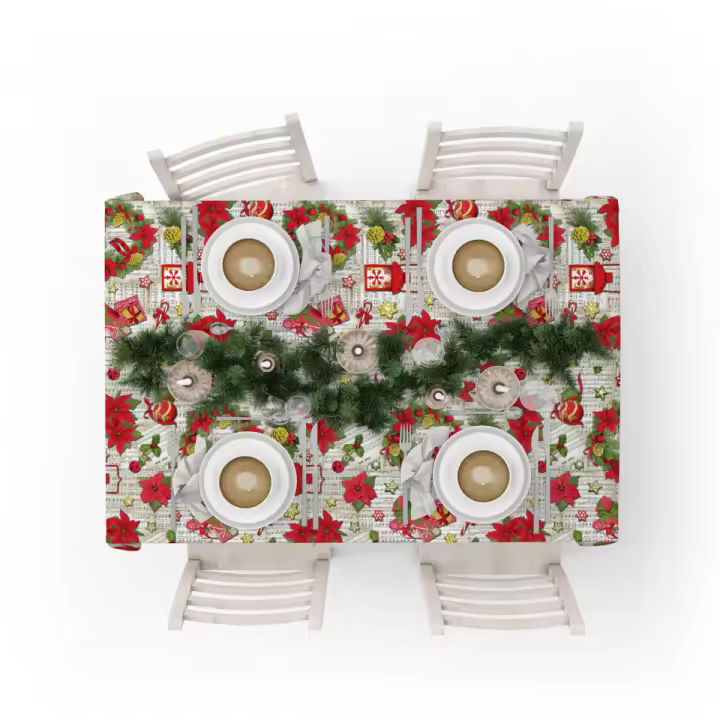 Lafabricadelastelas-Mantel Navidad dibujo notas musicales,v illancicos, tela algodón loneta estampada, lavable, suave, tejido de calidad, cuadrado y rectangular.Decoración hogar, cocina, salon ,comedor, balcón. NOche buena, navidad, noche vieja. - 1