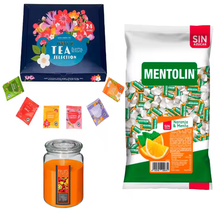 Lote respira: MENTOLIN NARANJA S/A BOLSA 1KG + Vela Perfumada de Frutas Exóticas 510g  + Set de Te con 24 bolsitas con diferentes sabores y aromas - 1