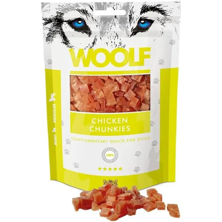 Woolf Snacks  naturales de Pollo para Perros 100g. Chuches y premios Naturales para Perro en forma de pequeños dados - 1
