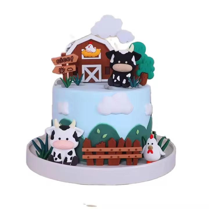 Nueva Torre De Pasteles De Granja Con Vaca Blanca Y Negra Decoraciones De Pastel Para Niños Fiesta De Cumpleaños Con Casas De Granja Árboles Hierba - 1