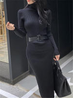 Vestido De Térmica Otoño Invierno Para Mujer Seoulish Con Cuello Alto Y Manga Larga Cinturado Estilo Elegante Oficina Longitud Rodilla Ajustado Bodycon - details 10
