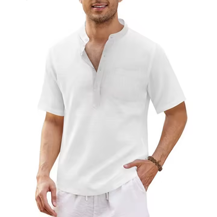 Men's Short Sleeve T-shirt Cotton Linen V-neck T-shirt Breathable Casual Tops Plus Size - 1