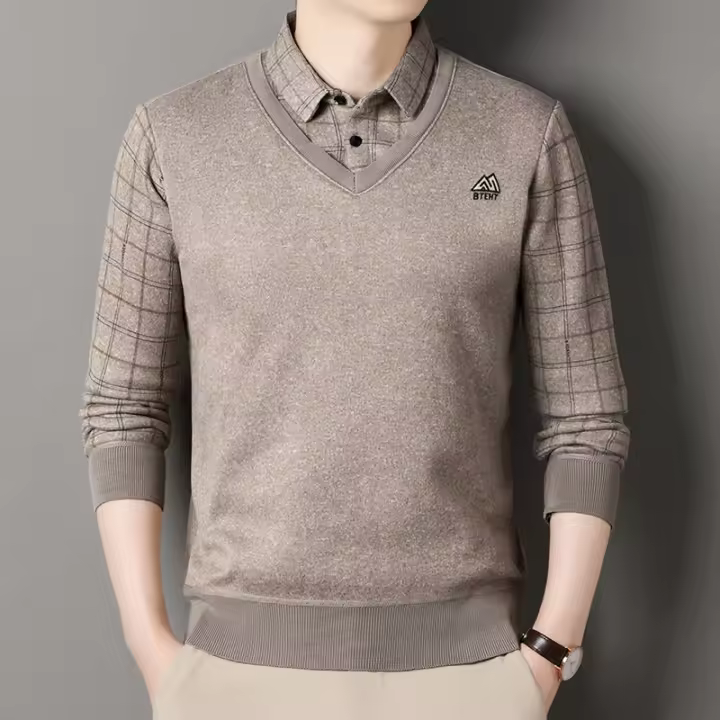 Suéter De Poliéster Para Hombre Con Cuello Polo Y Rayas Gris Oscuro Acolchado Y Cálido Para Otoño E Invierno Moda Coreana - 1