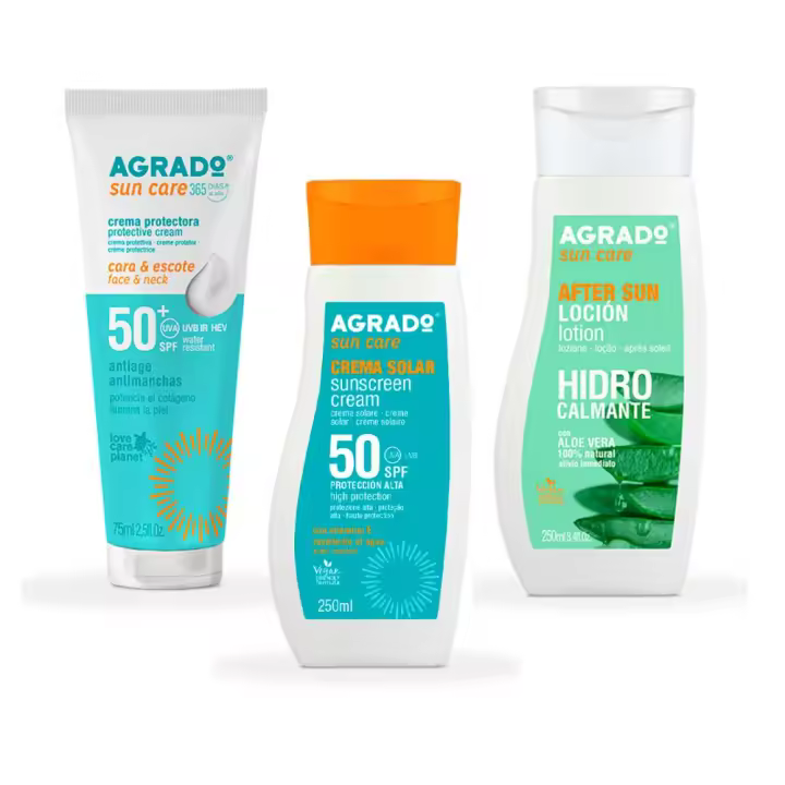 AGRADO - Pack Cremas Solares + Aftersun, Set con Crema Protectora Facial SPF50+ 75 ml, Crema Solar SPF50 250 ml, Loción Aftersun Hidrocalmante con Aloe 250 ml, Fórmula Vegana, Protección Bajo el Sol, Fácil Aplicación y Rápida Absorción, Resistente al Agua - 1