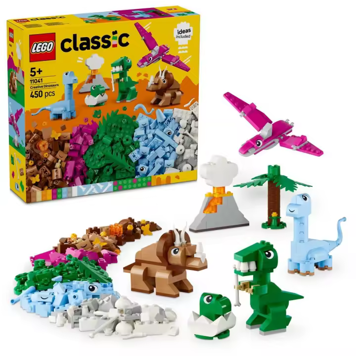 LEGO 11041 Classic Dinosaurios Creativos, Caja de Ladrillos de Colores para Construir Huevo de Dinosaurio, Tiranosaurio Rex, Triceratops y Volcán de Juguete, Regalo para Niños y Niñas de 5 Años o Más - 1