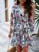 Vestido A-Line De Pierna Larga Para Mujer Con Estampado Floral Elegante Cuello V Manga Corta Estilo Casual Vestido De Verano Primavera - details 18