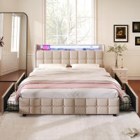 Cama tapizada con función de Carga, función de carga USB, sombrero E iluminación LED Y 4 cajones, Cama Doble 160x200 cm, Cama con almacén, somier, Marco de listones de Madera, beige (con colchón) - details 1