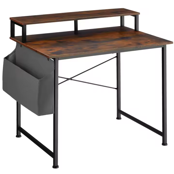 Tectake - Mesa de escritorio con estante y bolsa de tela adicional en el lateral  Funcional de estilo industrial con un práctico estante para el ordenador  Tableros estables de aglomerado efecto madera con recubrimiento protector de melamina - 1