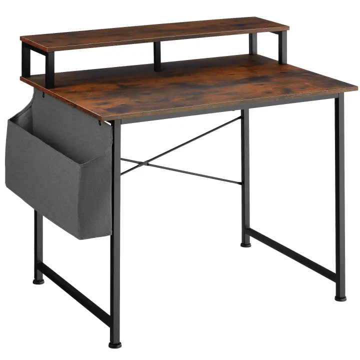 Tectake - Mesa de escritorio con estante y bolsa de tela adicional en el lateral  Funcional de estilo industrial con un práctico estante para el ordenador  Tableros estables de aglomerado efecto madera con recubrimiento protector de melamina - 1