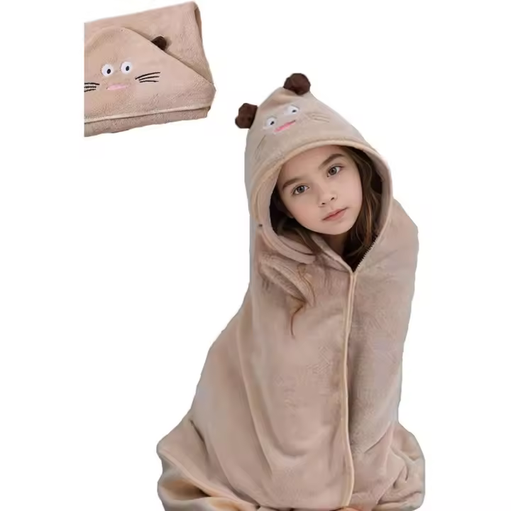 Toallas de baño para niños, Gato CAPUCHA DE Con, para niñas y niños Pequeños, toalla de Playa con capucha, bata de Baño de Foro polar coral muy absorbente, color CAFI - 1