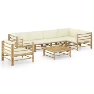 VIDAXL set de muebles para el jardín de 7 piezas fabricado en bambú con cojines de color blanco crema - 1