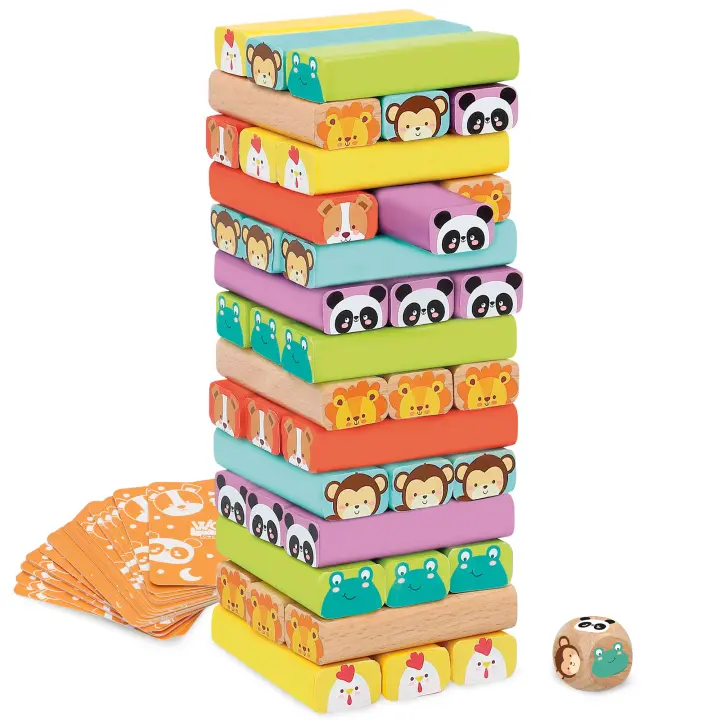 Juego De Tablero Interactivo con cartas y dados para familia, Torre De Bloques De Madera Sólida, Juguete de dibujo animal, Desafío De Equilibrio - 1