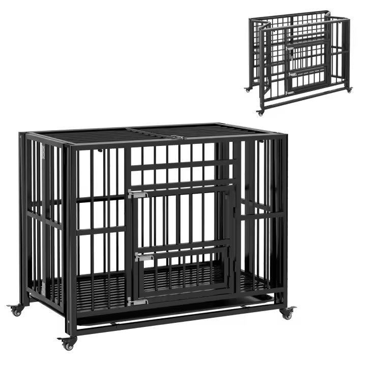 PawHut Jaula para Perros, Jaula para Mascotas, Casa Plegable para Perros Pequeños y Medianos, Jaula para Perros con Puertas Dobles, Ruedas, Casa para Perros, Acero, Negro, 94 x 58 x 78 cm - 1