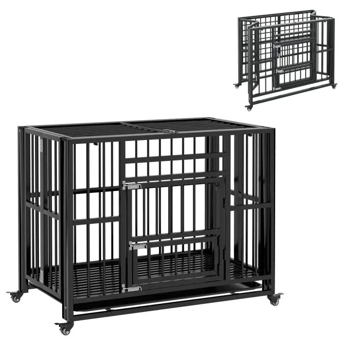 PawHut Jaula para Perros, Jaula para Mascotas, Casa Plegable para Perros Pequeños y Medianos, Jaula para Perros con Puertas Dobles, Ruedas, Casa para Perros, Acero, Negro, 94 x 58 x 78 cm - 1