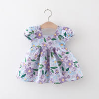 Vestido De Verano Para Niñas Con Gran Lazo En La Espalda Y Mangas Burbuja Estampado Floral Vestido De Princesa De Cuello Cuadrado - details 2