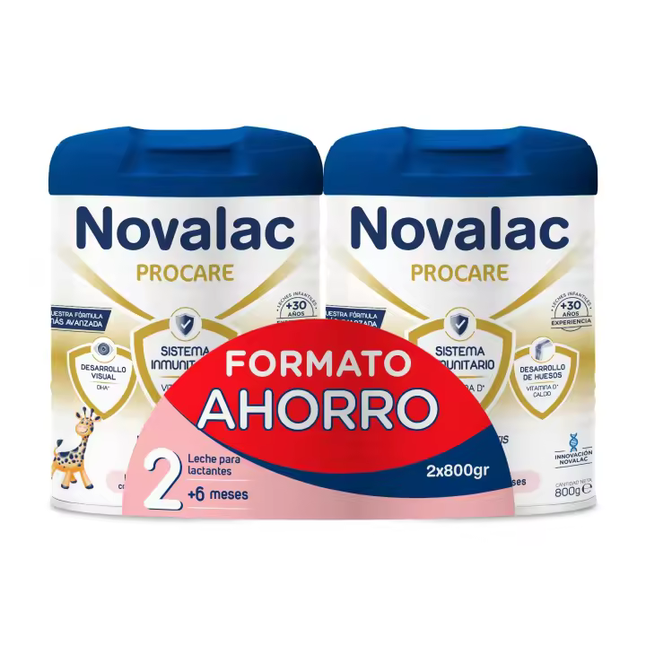 Novalac Procare 2 - Pack Ahorro - Leche Continuación 6-12 Meses. Contribuye Desarrollo Normal y Sistema Inmunitario del Bebé. Fórmula Elaborada con Pediatras con Hierro, DHA, Vit A, C y D - 2x800 g - 1