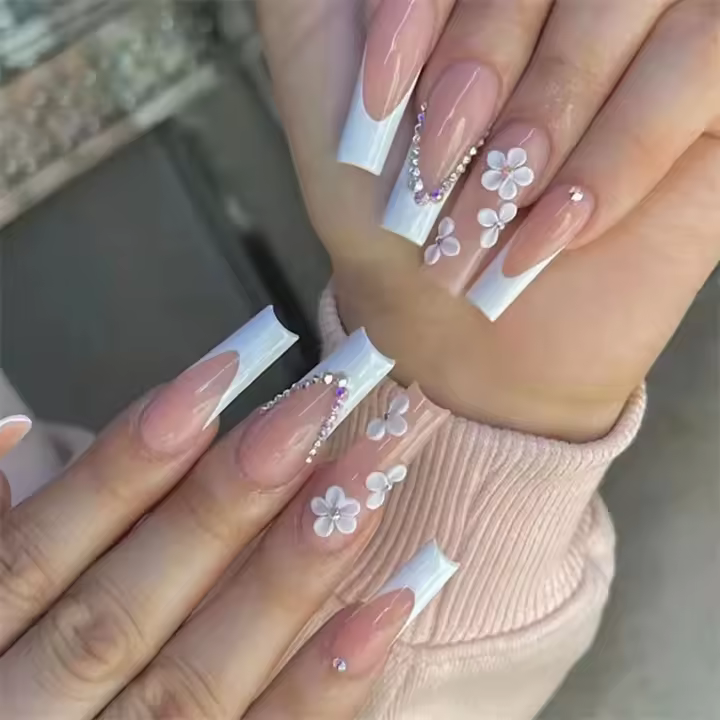 Juego De 24 Uñas Postizas Con Diseño De Flor Y Forma De Coffin Largas Ballerina Frases Francesas Acrílicas Cubiertas Por Encima Para Uñas Artísticas - 1