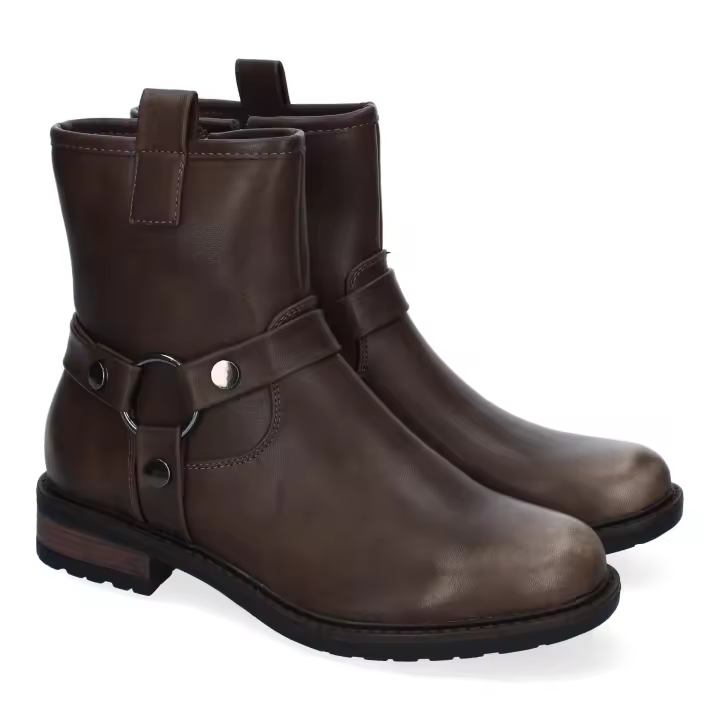 PuntoSalao Botines estilo motero tacón bajo para mujer color café YZ24-005 - 1