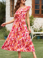 Nuevo Vestido Bohemio Para Mujer Verano 2025 Sin Mangas Hombro Solo Cintura Elástica Volantes Siluetas A-Line Cuello Diagonal Talla Suave - details 6