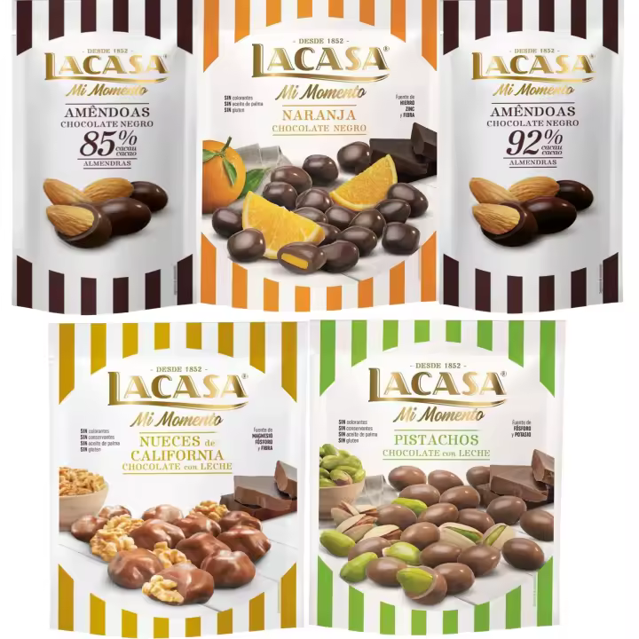 Lacasa Mi Momento pack de 5:Almendra 92% ,Almendra 85% ,Nueces Chocolate Leche,Naranja Chocolate Negro ,Pistacho Chocolate Leche - 1