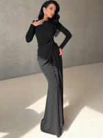 Vestido Maxi Dulzura Elegante Y Sólido Con Hombros Acentuados Y Cintura Definida Para Fiesta De Noche Mujer Otoño Invierno - details 17