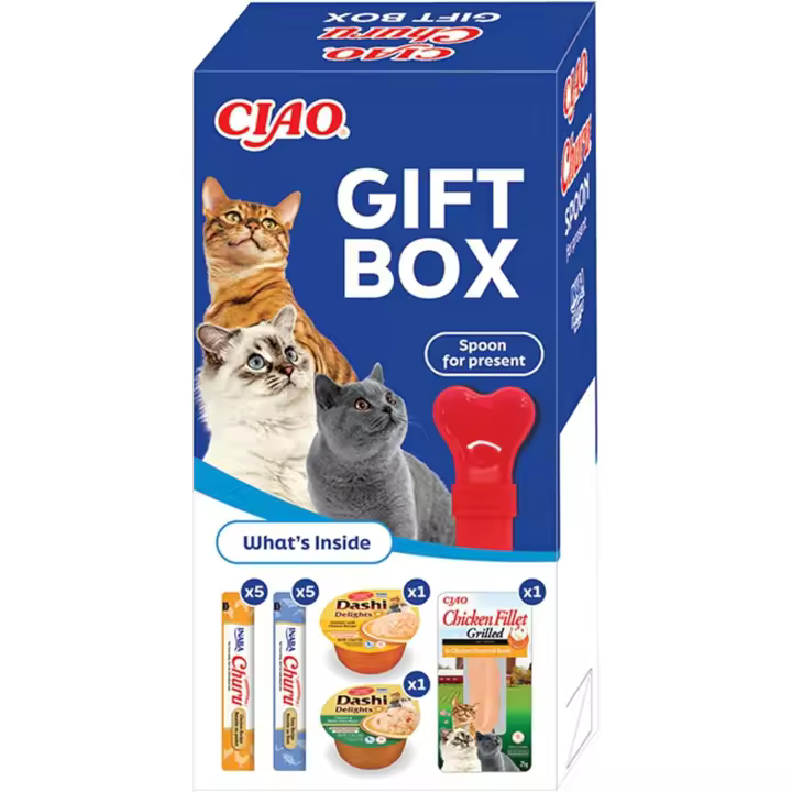 Ciao Churu Gift Box para Gatos – Caja multiproducto con 13 snacks cremosos Best Sellers de Inaba Ciao y cuchara especial para administrar Churu, ideal para regalar o descubrir nuevos sabores - 1