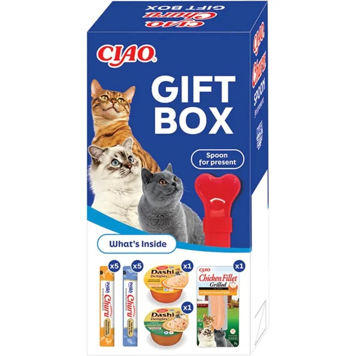 Ciao Churu Gift Box para Gatos – Caja multiproducto con 13 snacks cremosos Best Sellers de Inaba Ciao y cuchara especial para administrar Churu, ideal para regalar o descubrir nuevos sabores - 1
