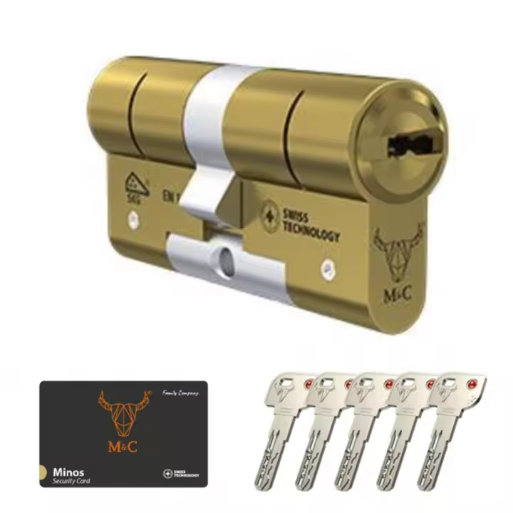 M&C Minos Cerradura Puerta Bombín Alta Seguridad 32x32mm MC Anti Topolino Doble Embrague Leva Larga Certificación Seguridad Máxima SKG 3 Estrellas Anti Bumping Resistente Taladro Tecnología Suiza Color Dorado 5 Llaves Incluidas - 1