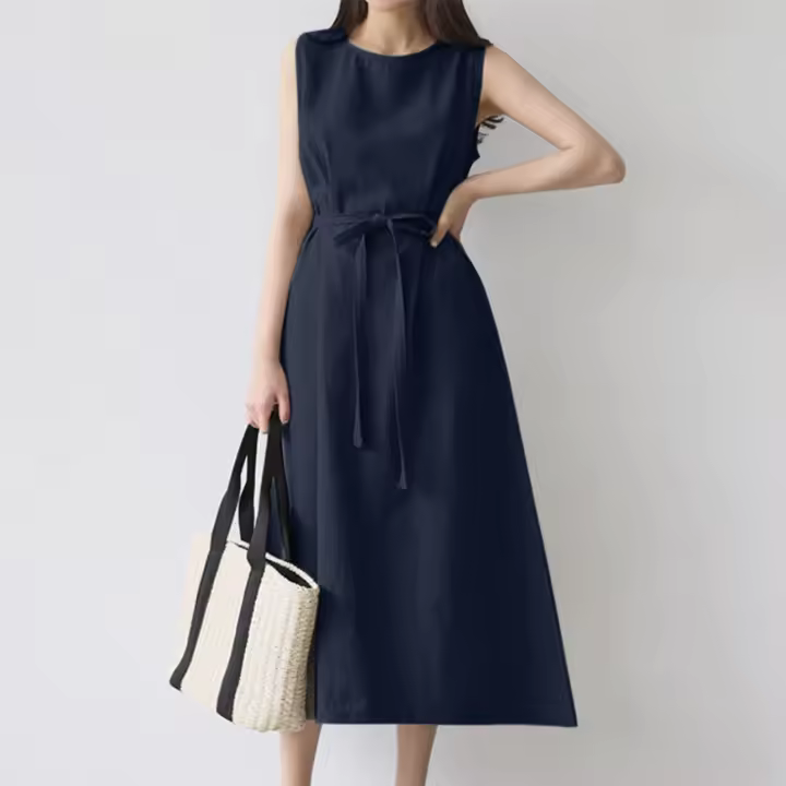 Vestido Largo De Verano Para Mujer Estilo Vintage De Algodón Y Lino Cuello Redondo Sin Mangas Cinturado Talla Grande Casual - 1