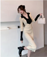 Vestido Elegante De Lana Con Bloque De Colores Y Encaje H Han Queen Para Oficina Y Fiesta Vestido Largo De Manga Larga Para Mujer Moda Otoño - details 2