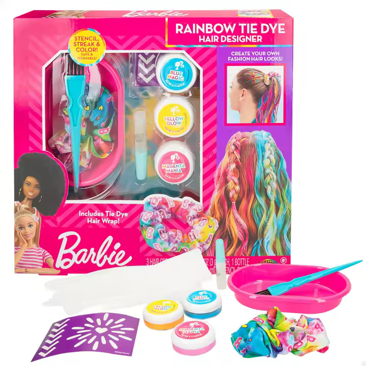 Barbie - Set mechas multicolor con plantillas, cremas para el pelo, recipiente, pincel, guantes, gomina y coletero tie dye - 1