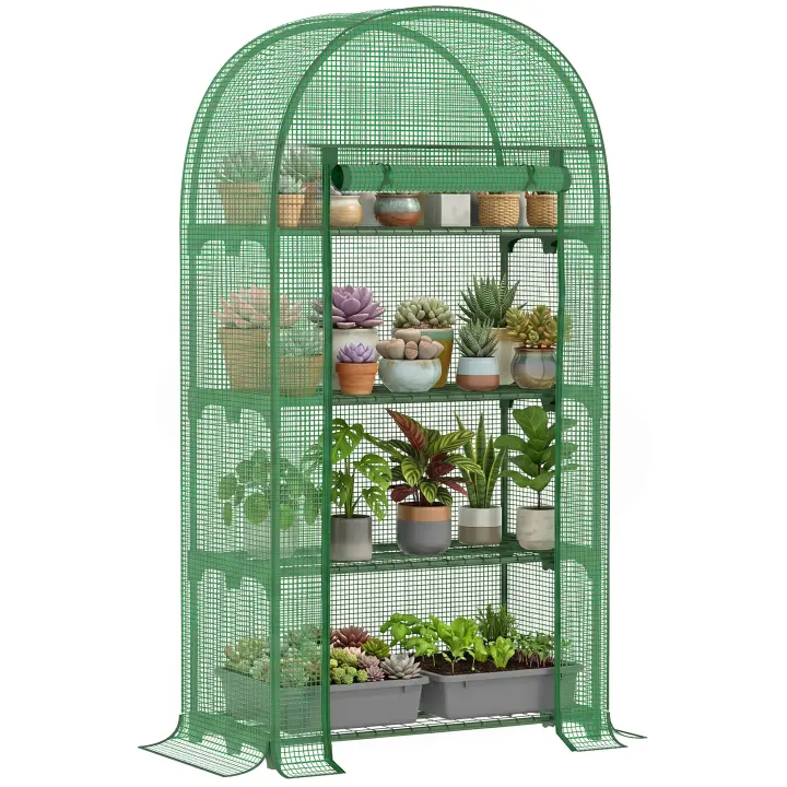Outsunny Invernadero de Jardín con 4 Estantes Metálicos Puerta Enrollable y Cubierta de PE Vivero Casero de Terraza para Cultivo Plantas Flores Macetas 80x49x160 cm Verde - 1