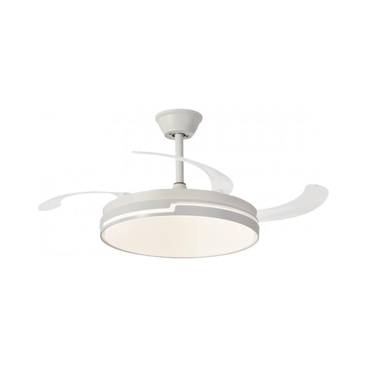 NARVI Ventilador de techo color blanco, 3 Palas retráctiles transparentes, Motor DC con 6 velocidades, Luz LED  45W x2 , Regulable en intensidad y tonalidad . Dispone de Memoria. Mando a distancia. Ref. Brasil 7030 WH