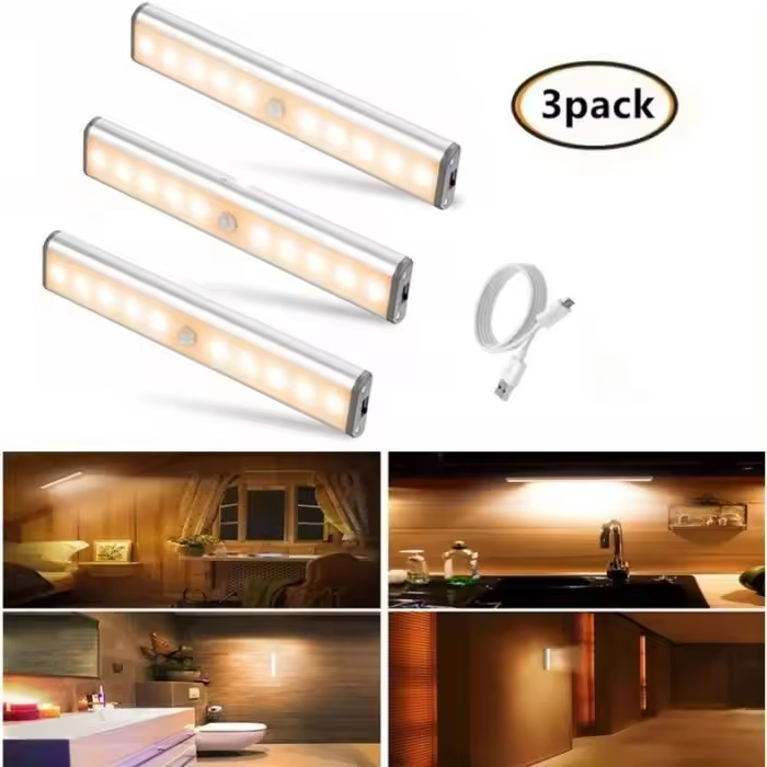 luces con sensor de movimiento, luz LED para armario de 10 LED, luz nocturna LED recargable por USB, luz para escaleras, color blanco cálido - 1