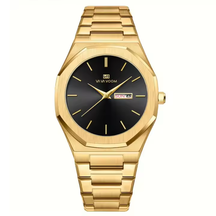 Reloj De Cuarzo Para Hombre En Acero Inoxidable Azul Y Oro Estilo Deportivo Y De Negocios Calendario Doble Resistente Al Choque Y Agua Con Cierre De Plegar - 1