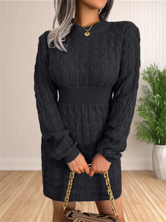 Vestido De Suéter De Punto Para Mujer En Color Sólido Con Manga Larga Y Cuello Redondo Ajustado Cálido Para Otoño E Invierno - 1