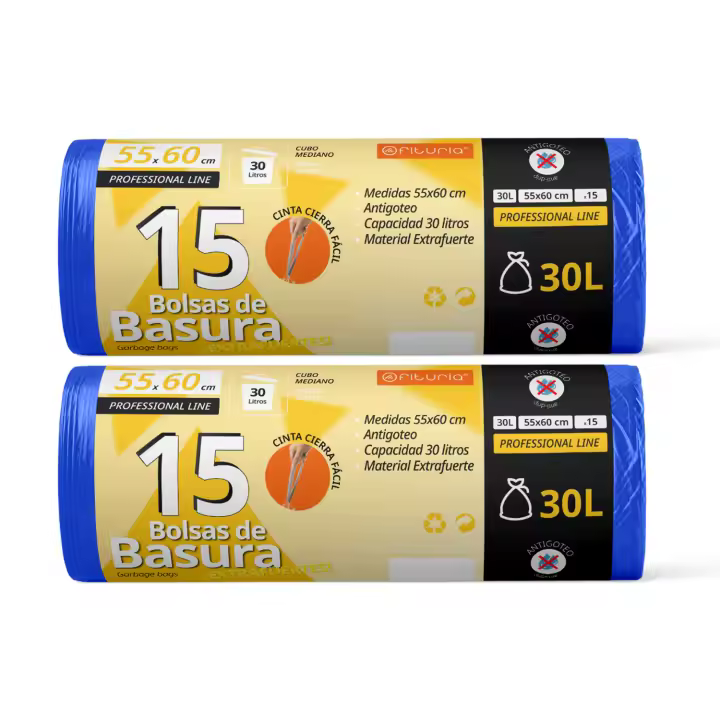 Bolsas Basura, Bolsas Basura 30L, Resistentes, Aptas para Cubos de Basura de 30L, Antigoteo, Bolsas con Autocierre Fácil, Apta para Todo Tipo de Desechos, 55x60 cm - Ofituria (15 bolsas, 30L) - 1