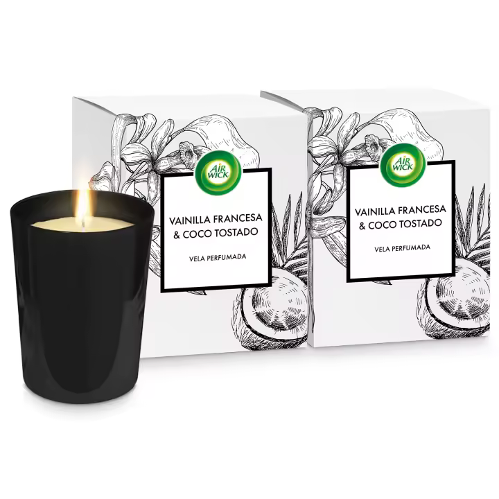Air Wick Pack 2 Velas Aromáticas Perfumadas con aroma a Vainilla y Coco Tostado, hasta 40 horas de duración por unidad, (2 unidades de 220gr) - 1