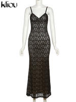 Vestido Maxi De Malla Kliou Para Mujer Elegante Con Tirantes Y Corte Hollow out Ajustado Alta Calle Trendy Ropa De Fiesta - details 4