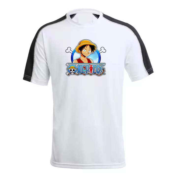 MERCHANDMANIA CAMISETA TÉCNICA FRANJA MANGAS NEGRA logo one piece personaje Monkey D Luffy sombrero paja tshirt - 1