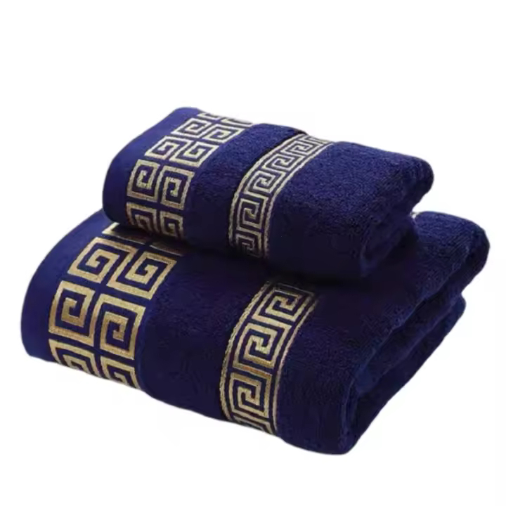 Juego De Toallas De Algodón 2 Piezas 1 Toalla De Mano 34x74cm Y 1 Toalla De Baño Grande 70x140cm Azul Blanco Marrón Con Bordado Geométrico Regalo - 1