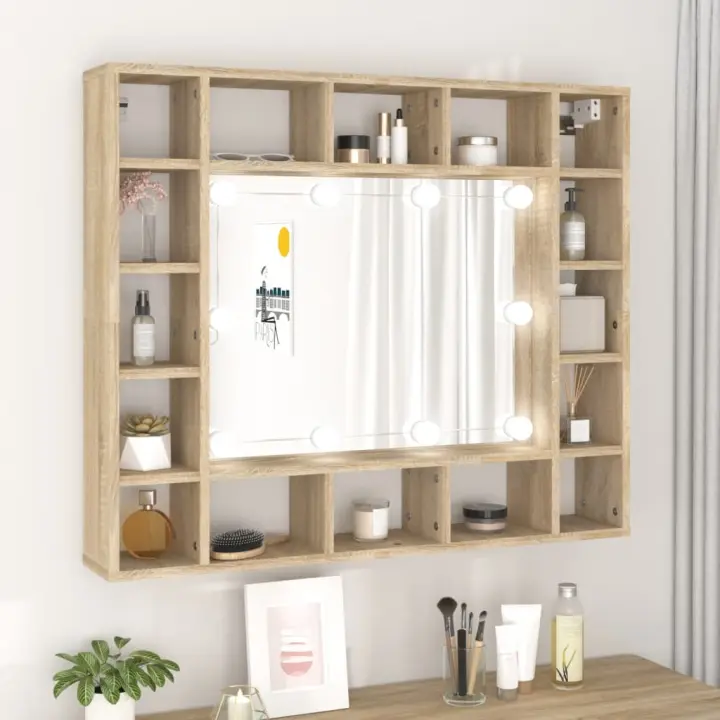 vidaXL Mueble con espejo y LED color 91x15x76,5 cm en color Roble Sonoma/Roble ahumado/Negro y más | almacenamiento funcional diseño moderno para baño dormitorio sala - 1