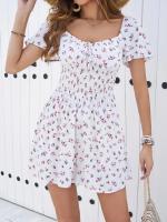Vestidos Mini De Verano Para Mujer 2024 Estampado Floral Chiffon Estilo Playa Manga Puff Ajustado Cintura Natural Sin Capucha - details 4