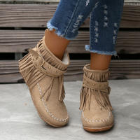 Botines De Otoño Para Mujer Zapatos Planos Botas De Tobillo Retro En Cuero Suelto Con Borlas Punta Redonda Suave Casual - details 14