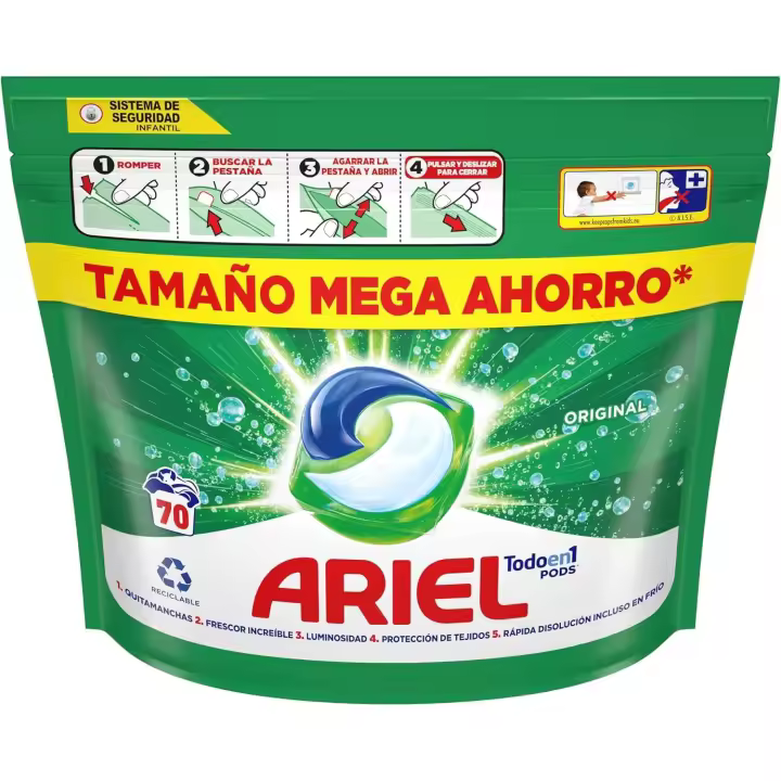 ARIEL PODS Todo en 1 Detergente Lavadora Liquido en Capsulas/Pastillas, 70 Lavados, Original, Jabon 5 Acciones para una Limpieza Brillante en Frio - 1
