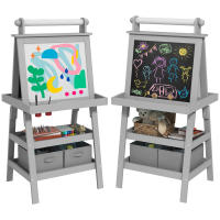 AIYAPLAY Pizarra Infantil Caballete de Pintura para Niños 3 en 1 Pizarra de Doble Cara Magnética con Rollo de Papel y Cestas de Almacenamiento Gris - details 0
