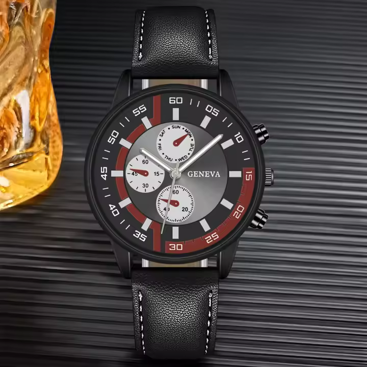 Reloj Digital Para Hombre Con Cinta Graduada Reloj De Cuarzo Para Hombre Resistentes Al Agua 3Bar Material De Correa De Cuero Estilo Casual Y Moda - 1