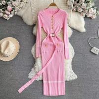 Vestido De Punto Para Mujer Estilo Office Lady Cuello En V Con Botones Y Cinturón Vestido Bodycon De Otoño E Invierno De Marca - details 7