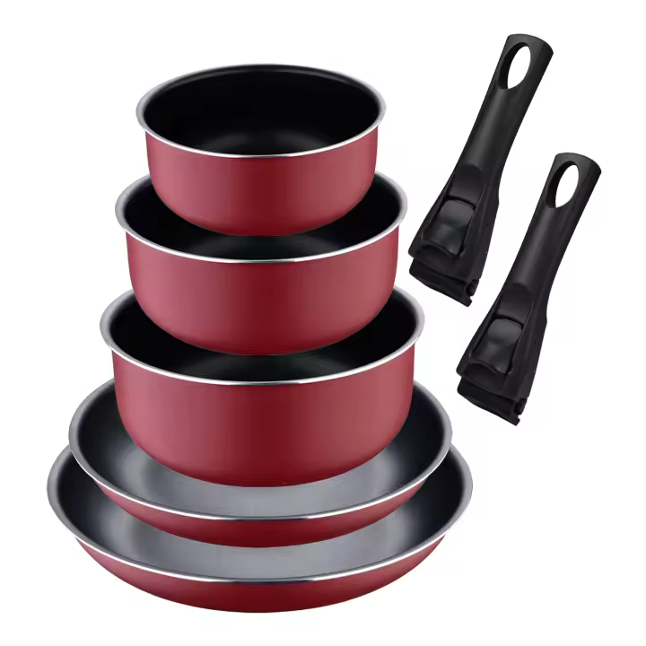 Juego de 6 pcs: 3 sartenes Ø18Ø20Ø24cm y 3 Cacerolas Ø16Ø18Ø20cm en aluminio prensado con revestimiento ILAG con 2 mangos extraibles - 1