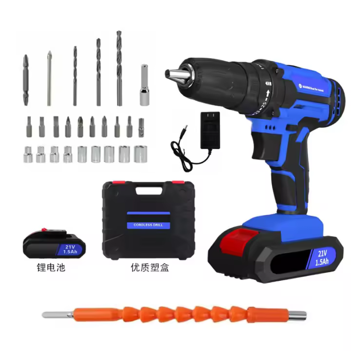 Taladro inalámbrico de 21 V, juego de 26 taladros inalámbricos con 1 taladro inalámbrico, 45 nm, luz LED y estuche - 1